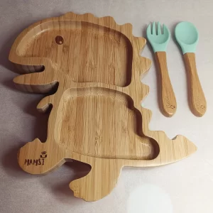 Krožnik iz bambusa s priseskom DINOZAVER- set